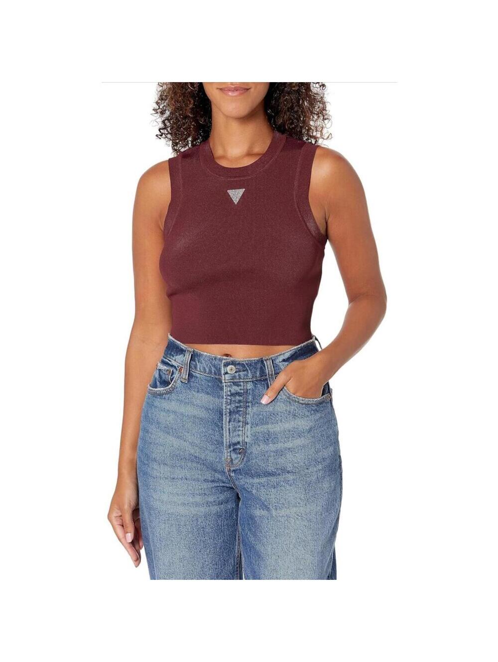 Guess Red Alexia Cropped Tank Top Womens Large NWT Stretch Rhinestone Burgundy